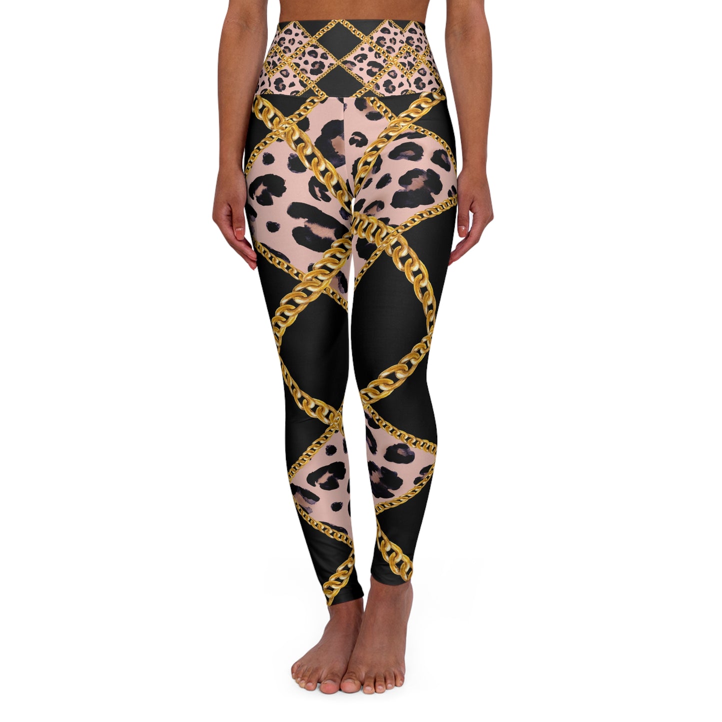 Chic High Waisted Yoga Leggings with Leopard & Gold Chain Design