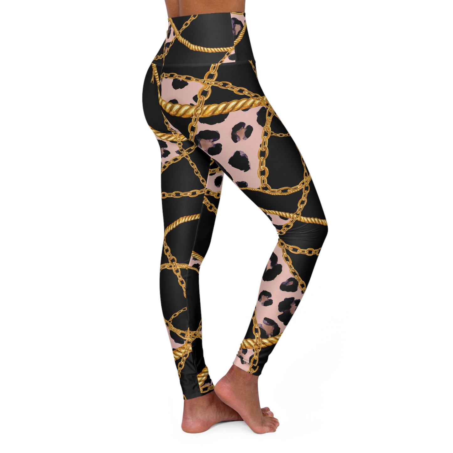 Chic High Waisted Yoga Leggings - Leopard Print & Gold Chains