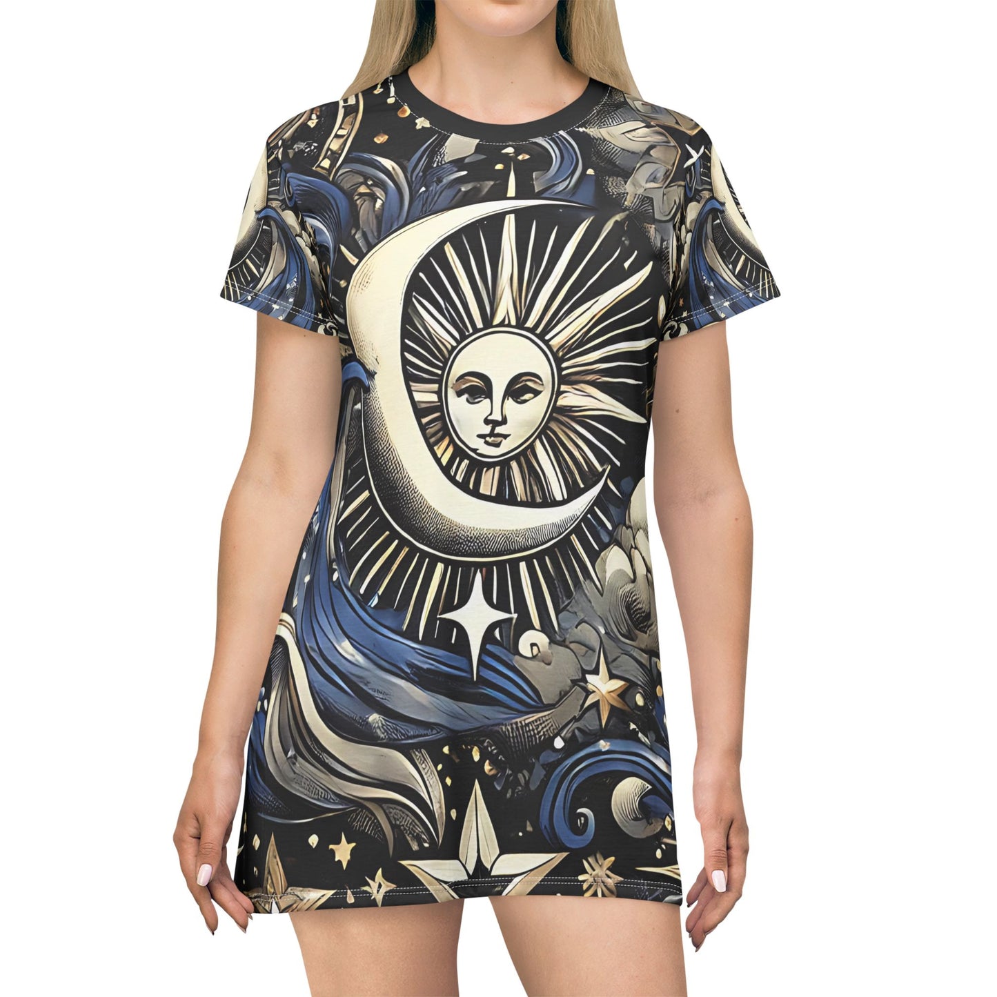 Celestial Sun and Moon T-Shirt Dress - Boho Style for Cosmic Lovers