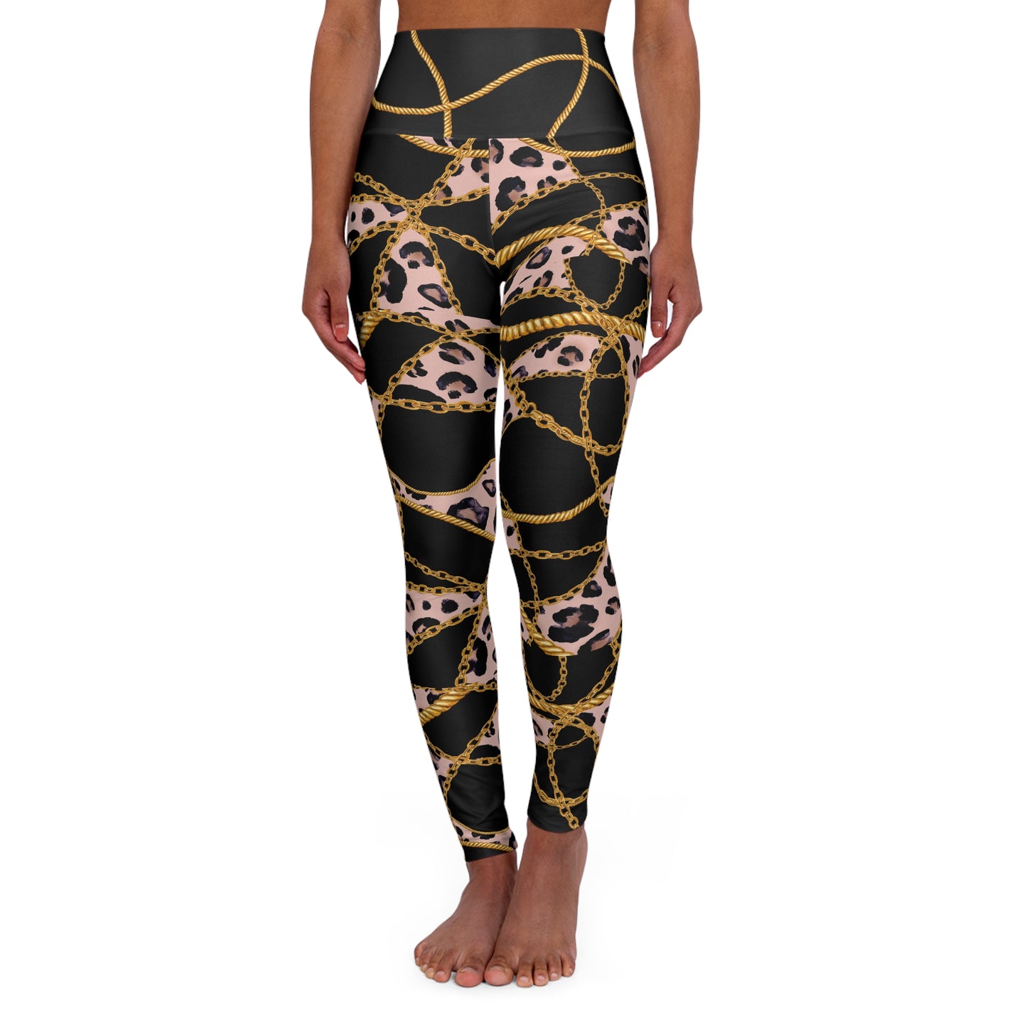 Chic High Waisted Yoga Leggings with Leopard Print and Gold Chains