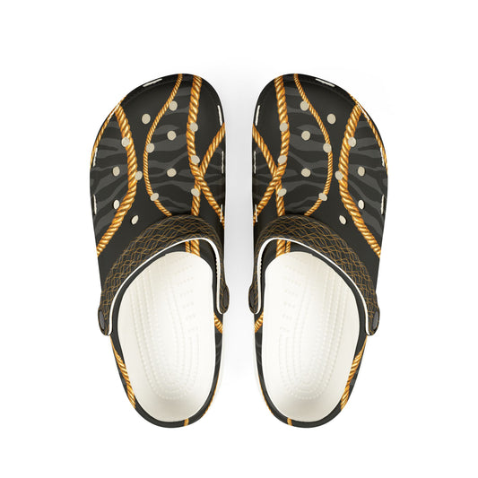 "Leopard Print EVA Foam Rubber Shoes with Gold Chain Accents | Stylish & Comfortable Footwear"