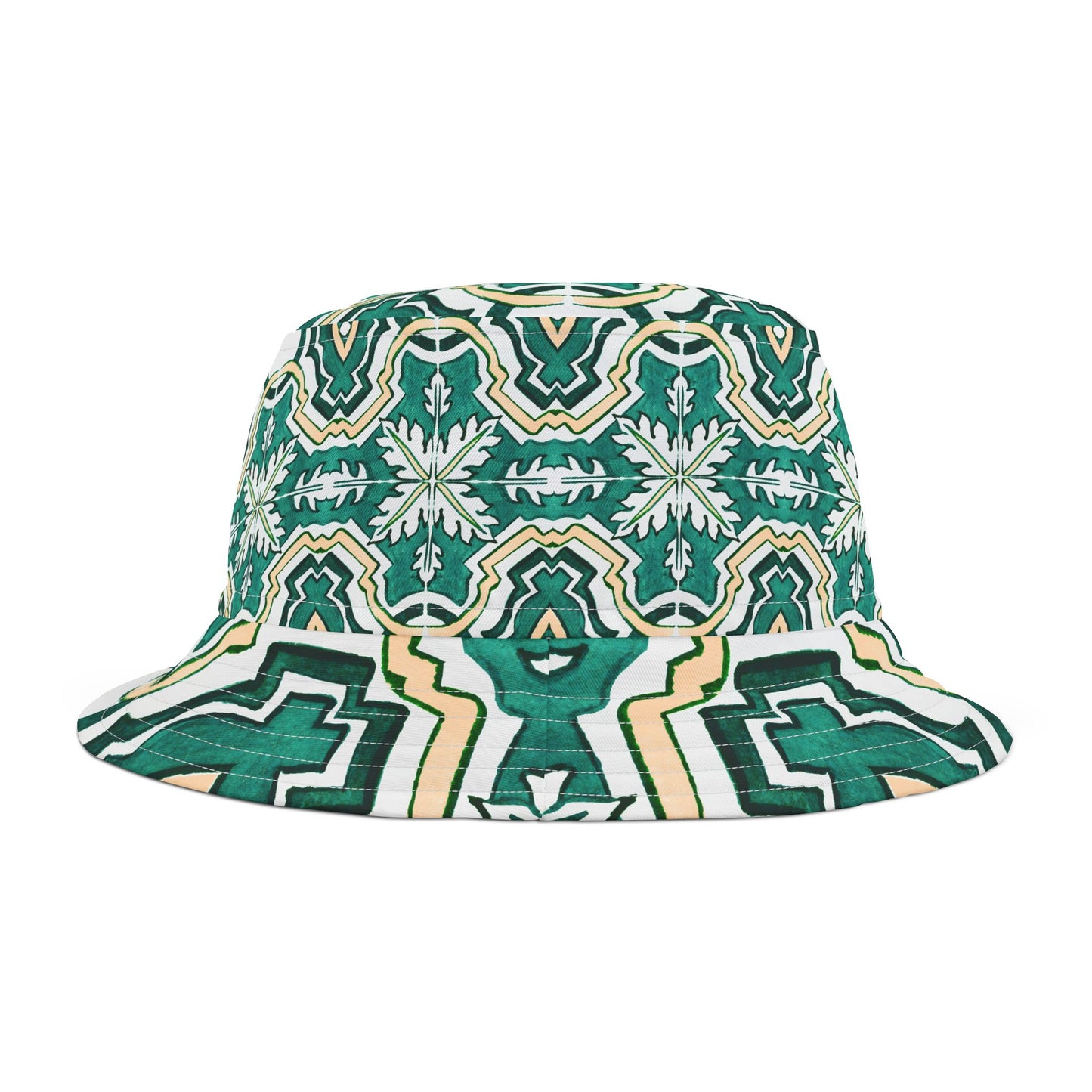 Vibrant Green Mandala Bucket Hat with Beige Accents