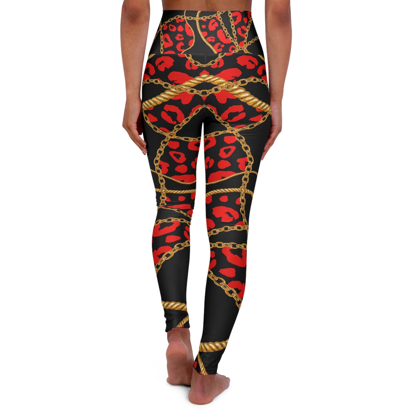 Chic Chains High Waisted Yoga Leggings - Stylish Fitness Activewear with Red Leopard Print