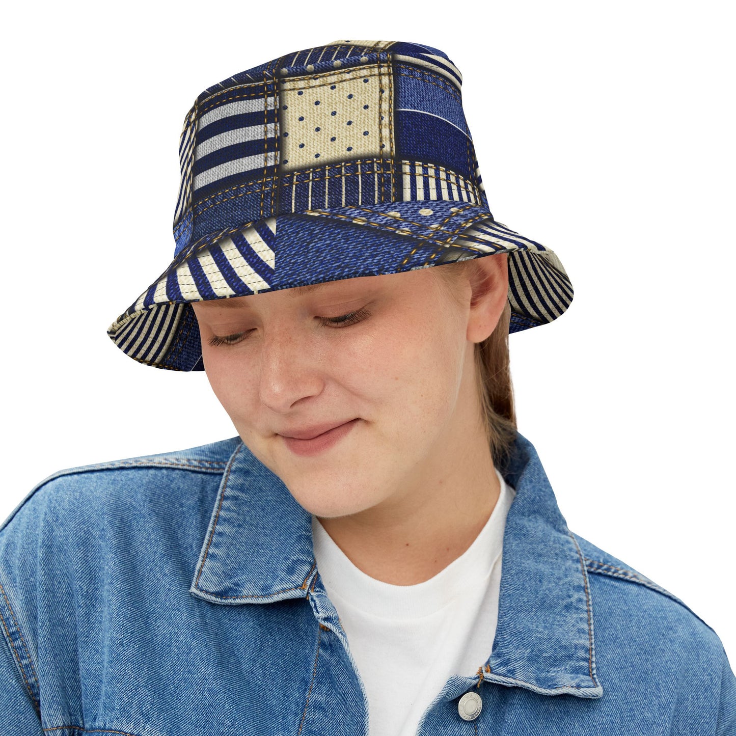 "Boho Blue Jean Patchwork Bucket Hat – Trendy Denim Style"