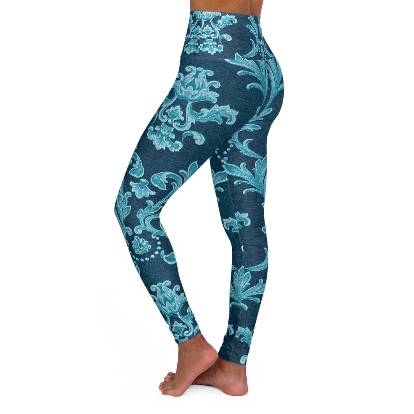 Elegant High Waisted Yoga Leggings in Aqua Floral Design - Perfect for Fitness & Relaxation