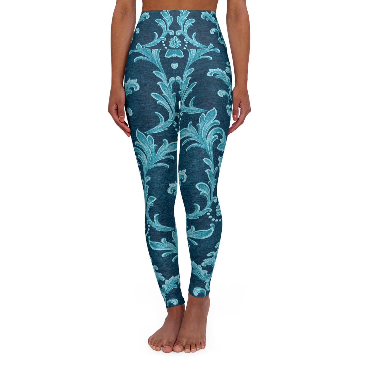 Elegant High Waisted Yoga Leggings in Aqua Floral Design - Perfect for Fitness & Relaxation