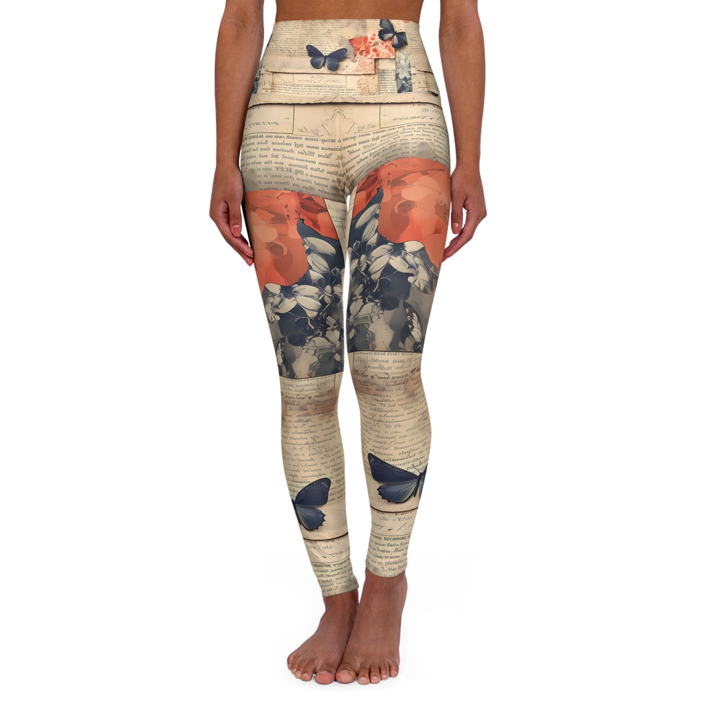 Floral High Waisted Yoga Leggings - Butterfly & Vintage Text Design for Active Lifestyle