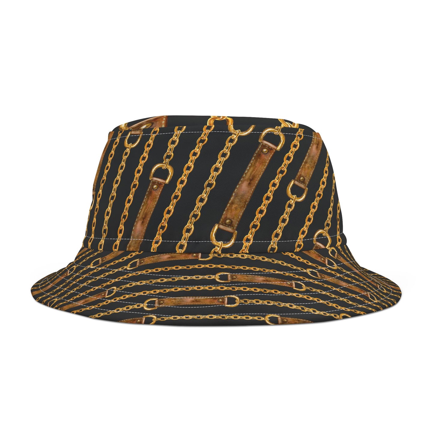 Chic leather straps and golden chain bucket hat