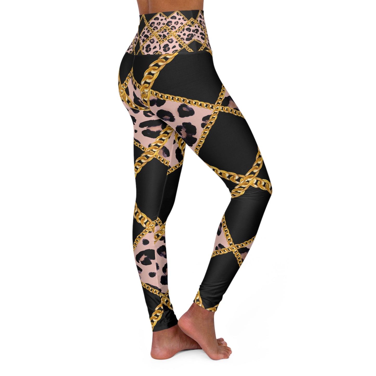 Chic High Waisted Yoga Leggings with Leopard & Gold Chain Design