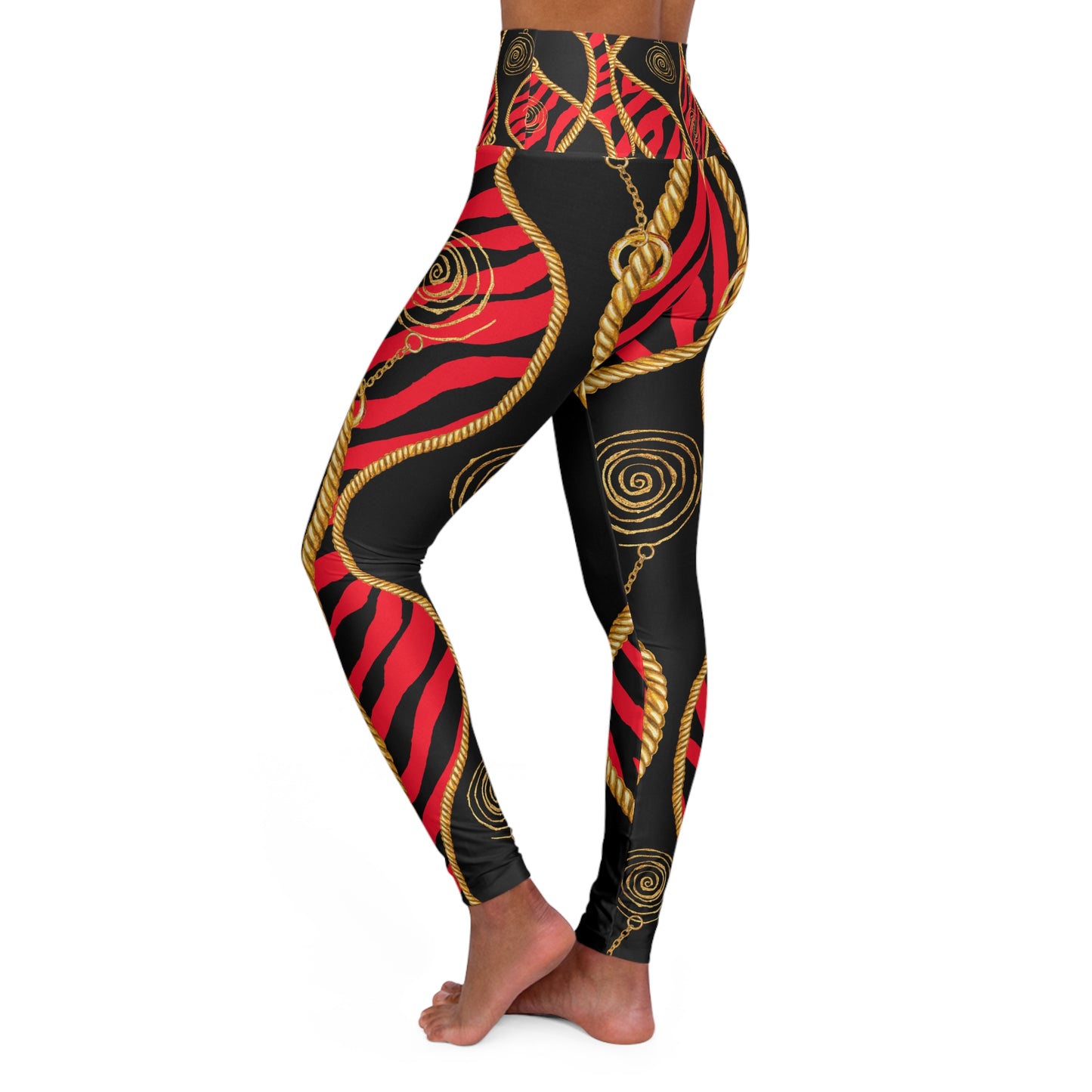 Bold High Waisted Yoga Leggings with Red and Gold Design - Perfect for Fitness and Fashion