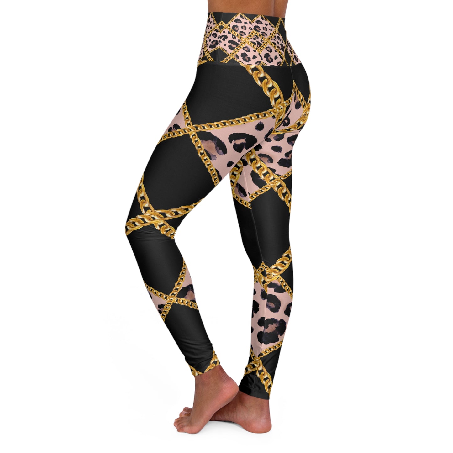 Chic High Waisted Yoga Leggings with Leopard & Gold Chain Design