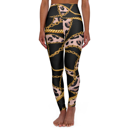 Chic High Waisted Yoga Leggings - Leopard Print & Gold Chains