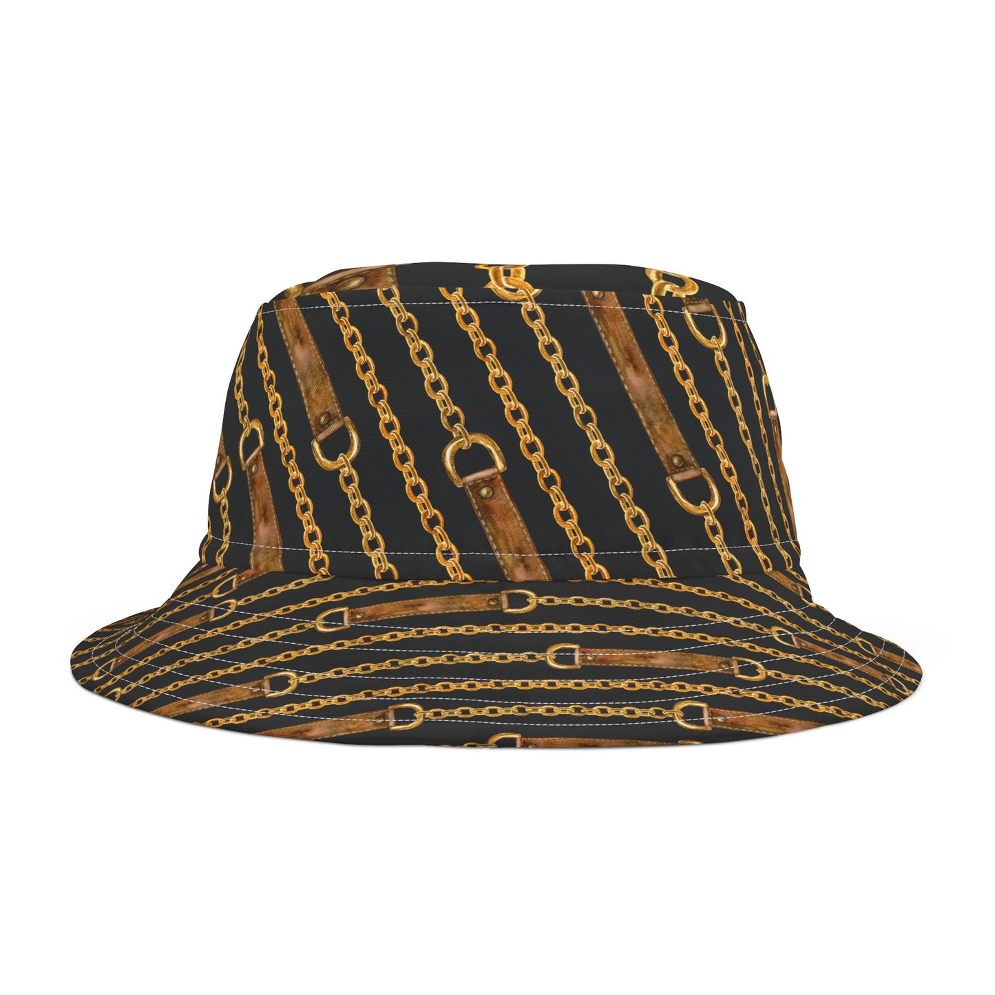 Chic leather straps and golden chain bucket hat