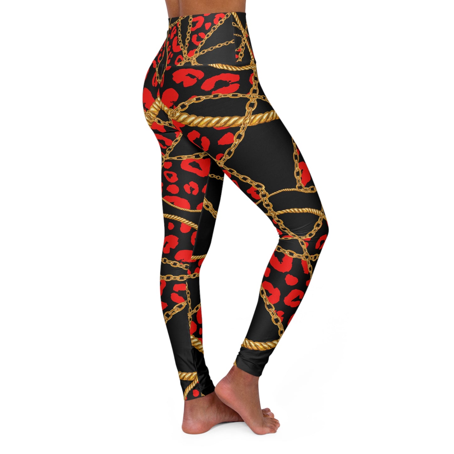 Chic Chains High Waisted Yoga Leggings - Stylish Fitness Activewear with Red Leopard Print