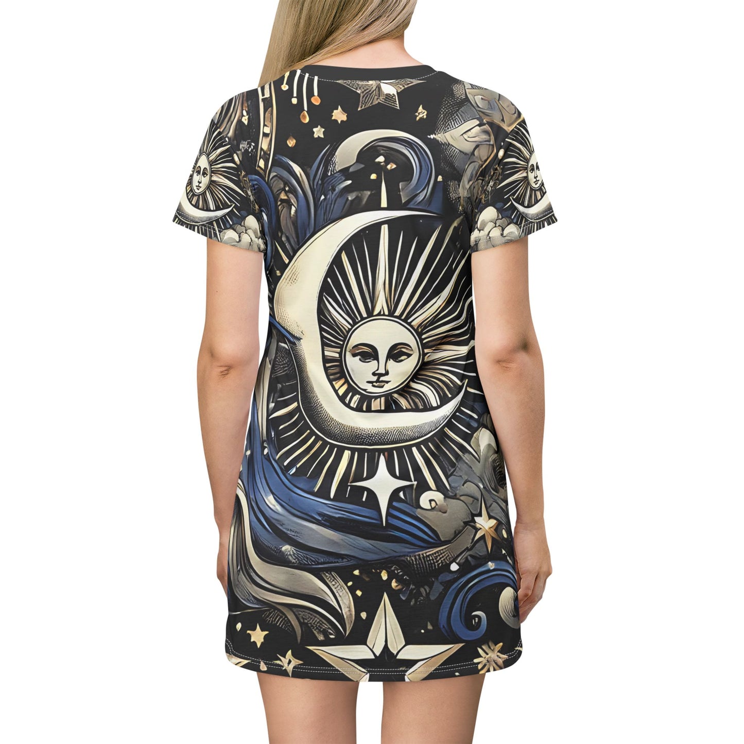 Celestial Sun and Moon T-Shirt Dress - Boho Style for Cosmic Lovers