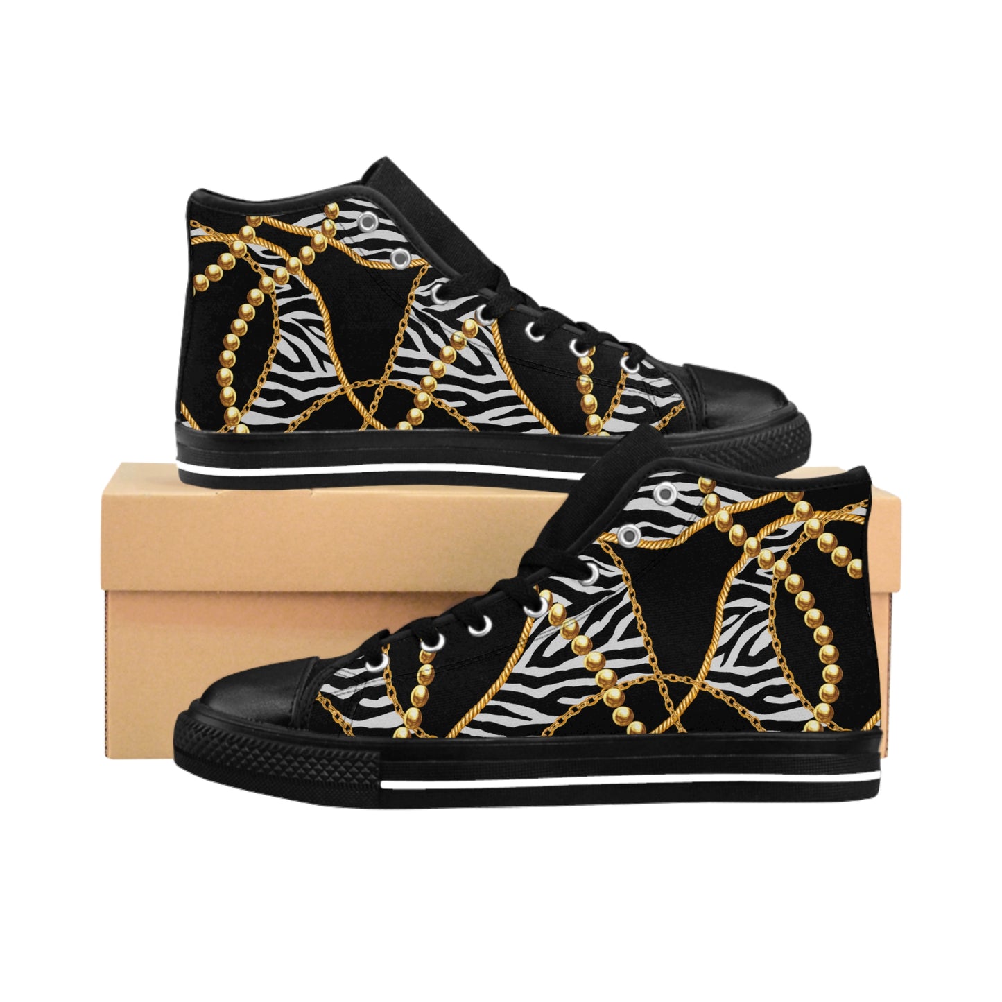 Chic Women's High Classic Sneakers – Zebra & Gold Chain Design