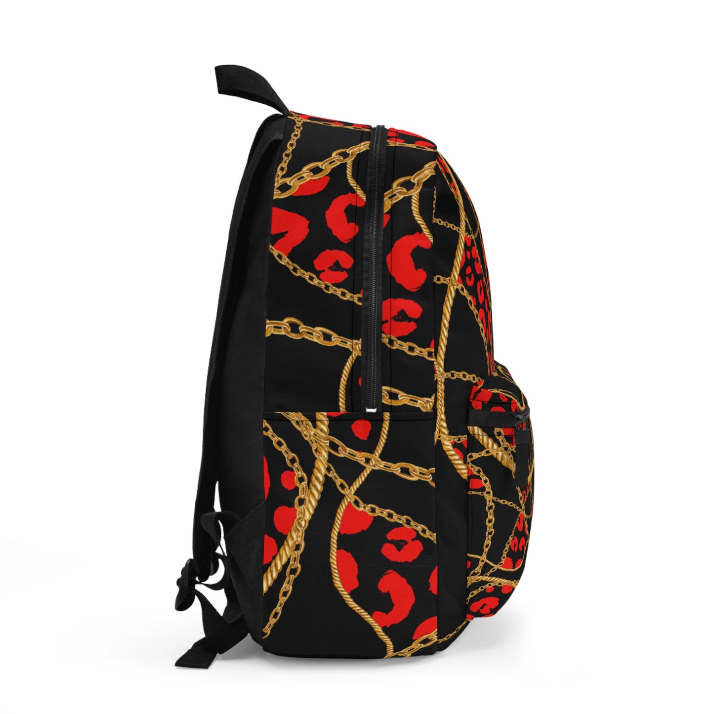 Backpack with golden ropes, leopard print, bold black, and red accents.