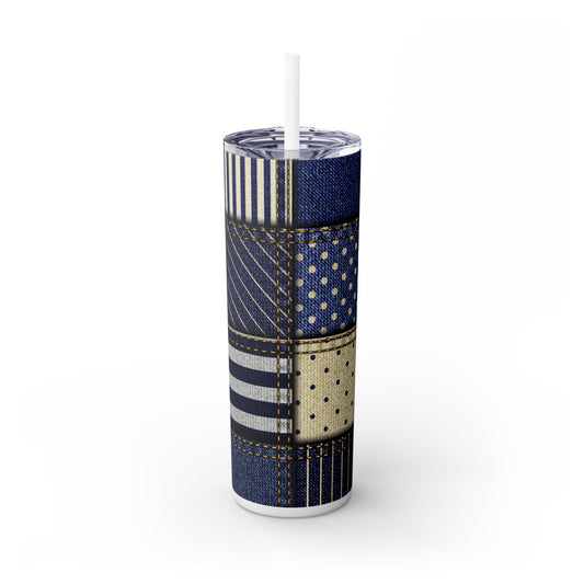 20oz Skinny Tumbler with Straw, Boho Denim Patches in Blue Jean Aesthetic, Perfect for On-the-Go Drinks, Unique Gift for Her