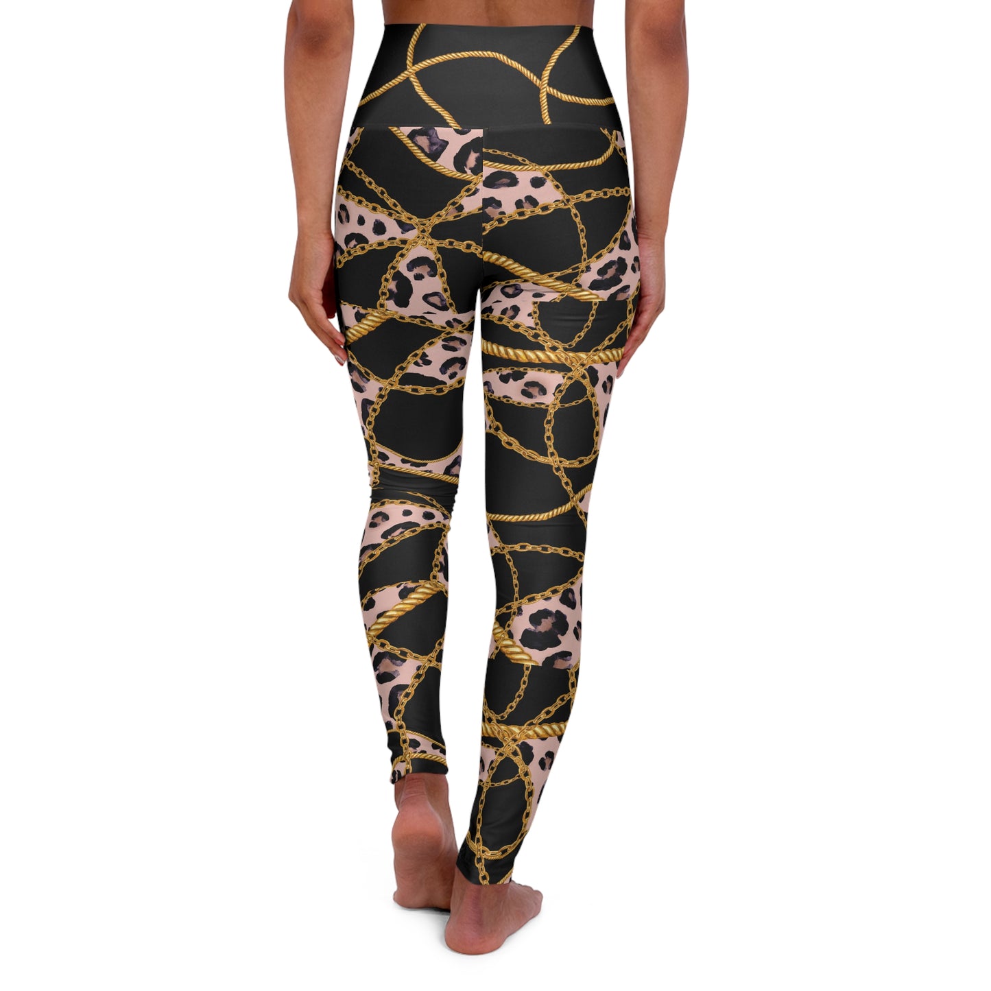 Chic High Waisted Yoga Leggings with Leopard Print and Gold Chains