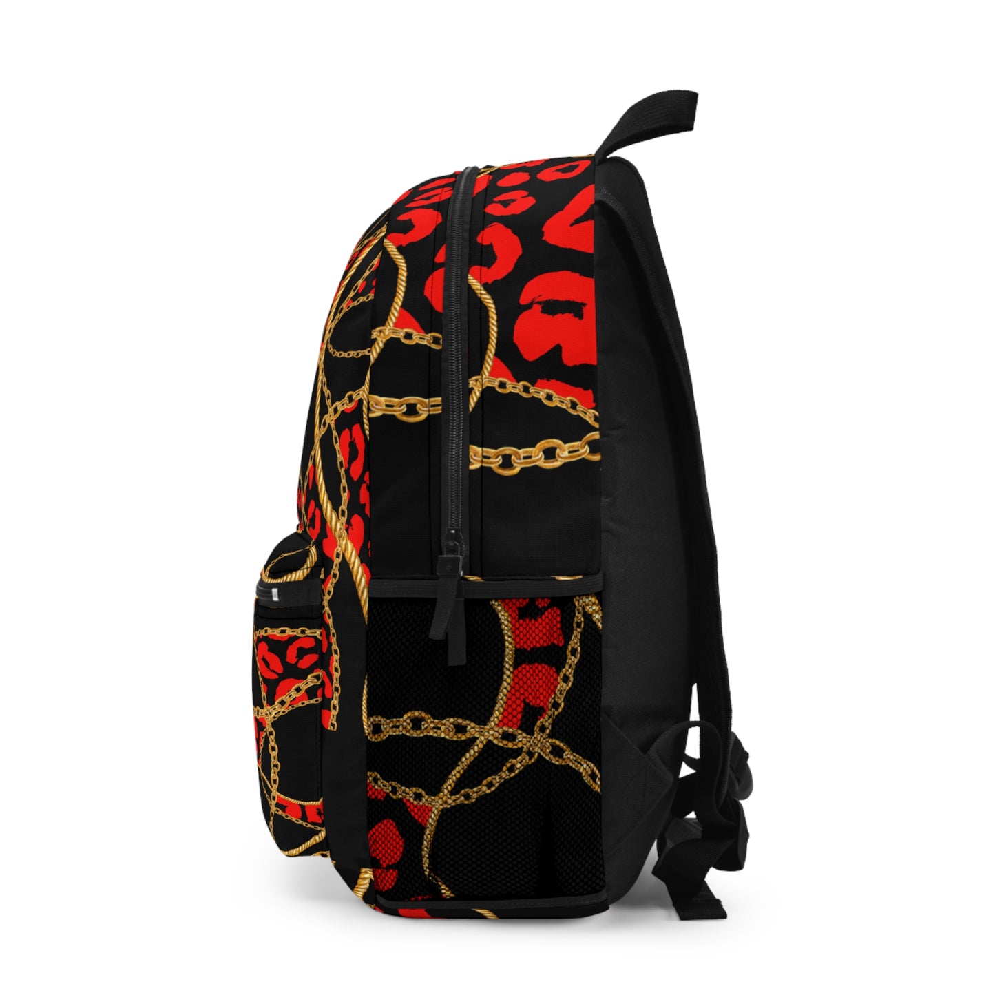 Backpack with golden ropes, leopard print, bold black, and red accents.