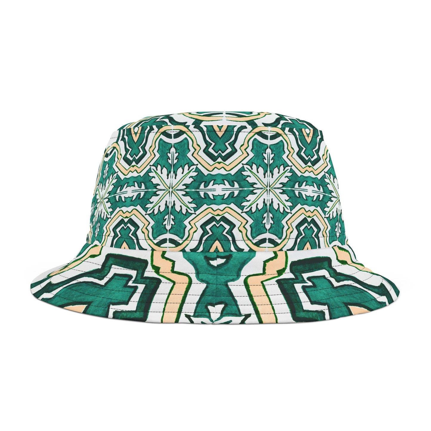 Vibrant Green Mandala Bucket Hat with Beige Accents