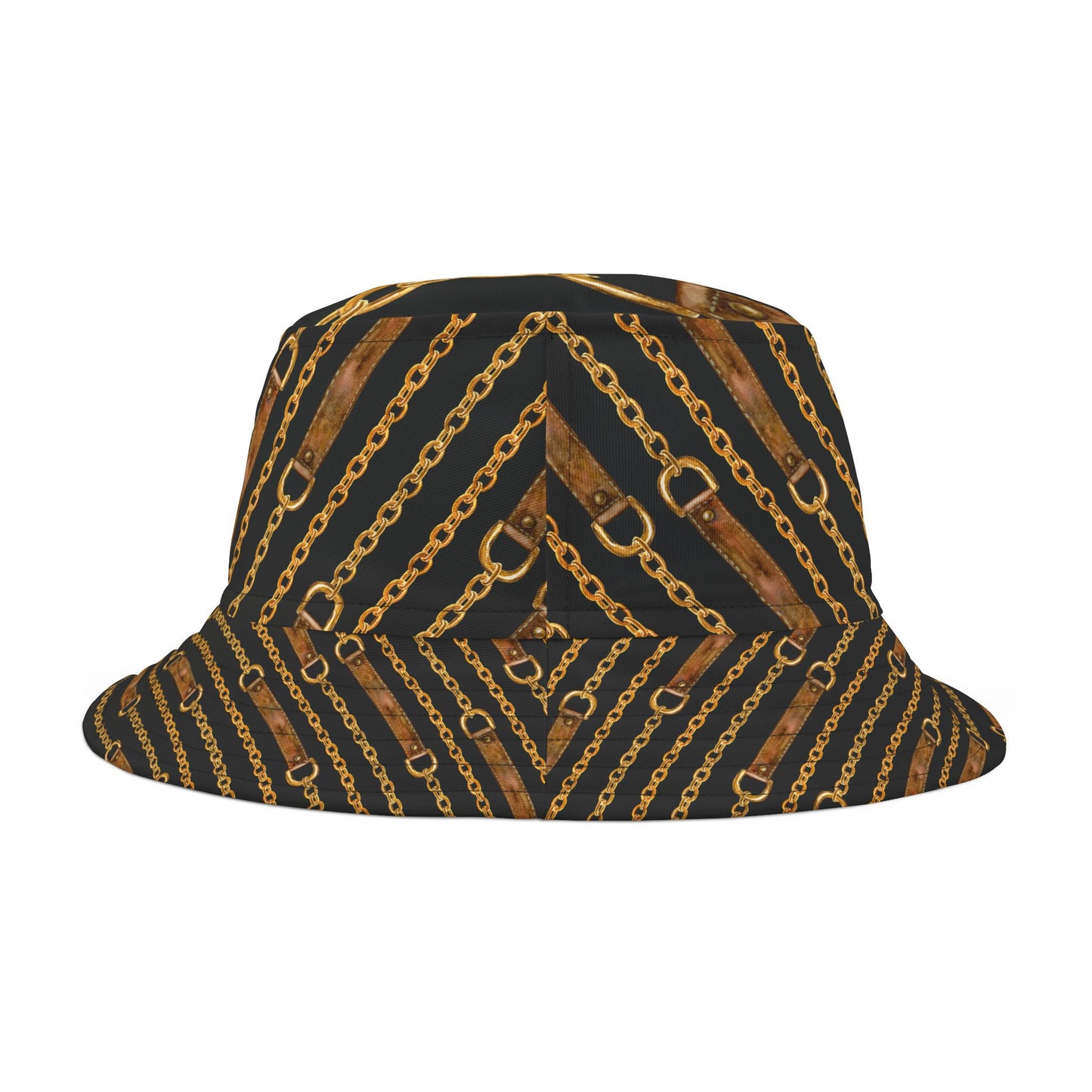 Chic leather straps and golden chain bucket hat