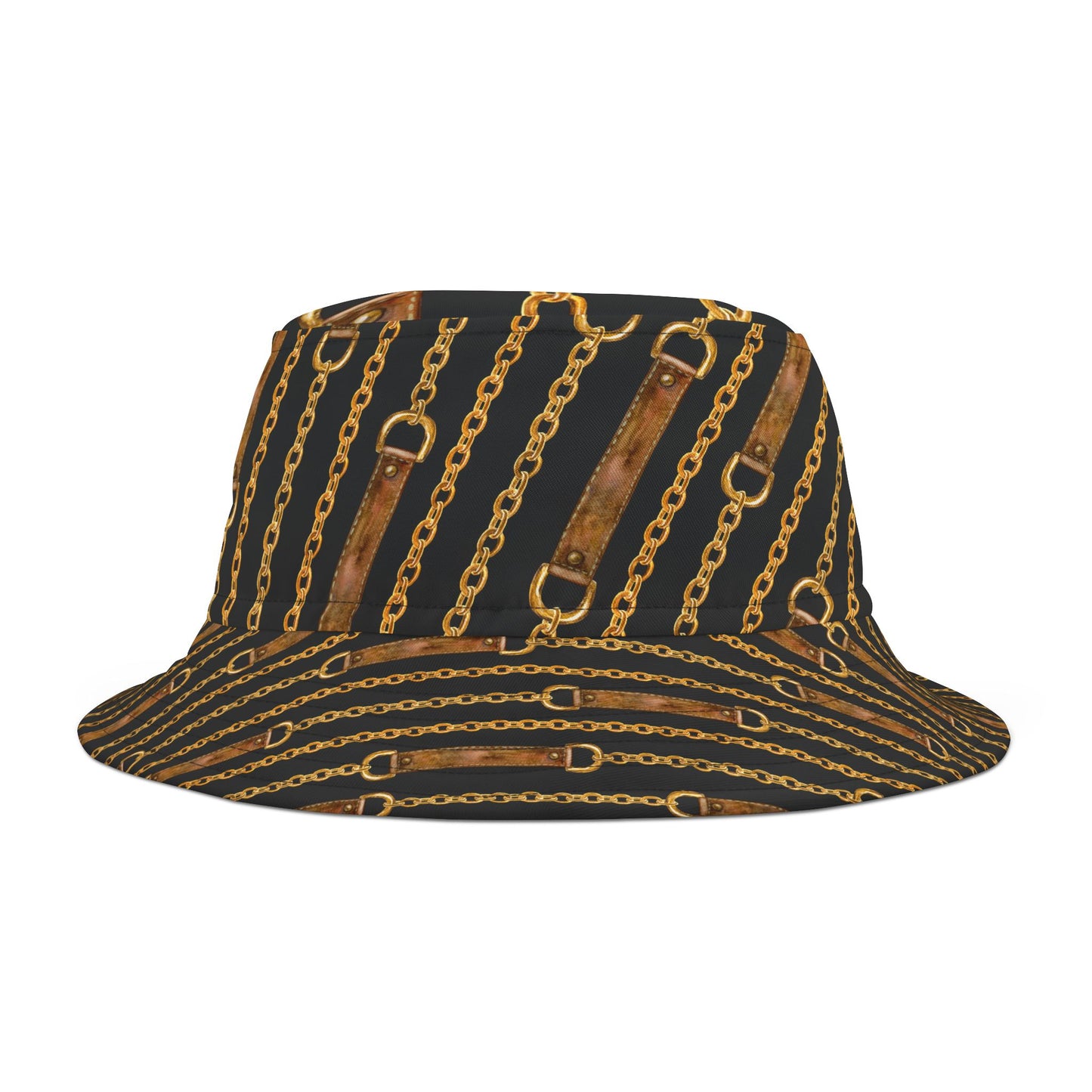 Chic leather straps and golden chain bucket hat