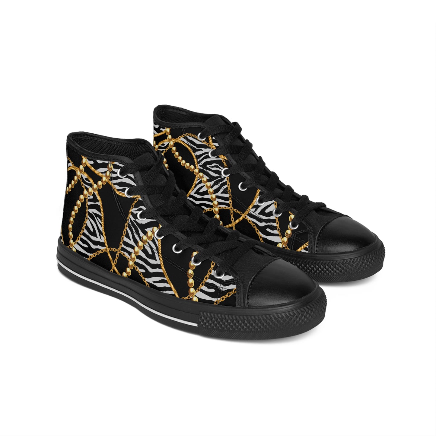 Chic Women's High Classic Sneakers – Zebra & Gold Chain Design