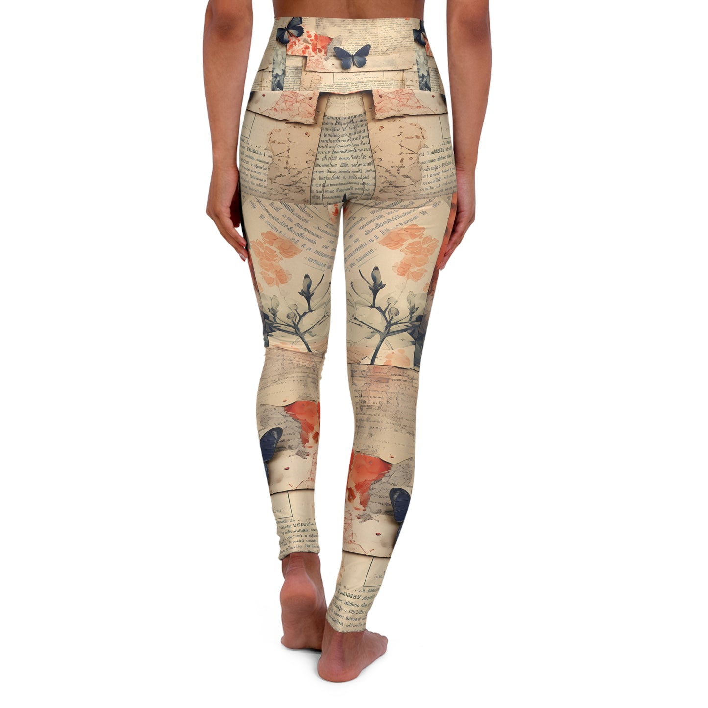 Floral High Waisted Yoga Leggings - Butterfly & Vintage Text Design for Active Lifestyle