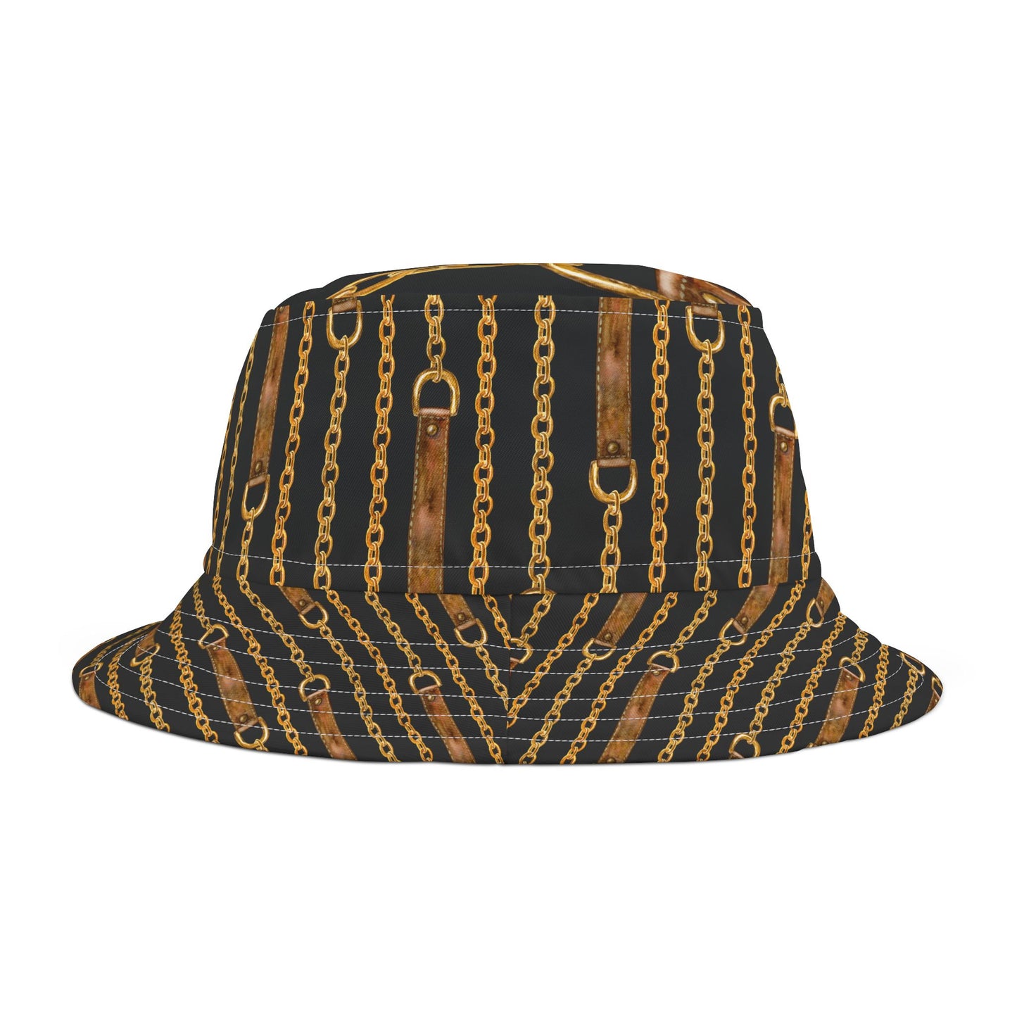 Chic leather straps and golden chain bucket hat