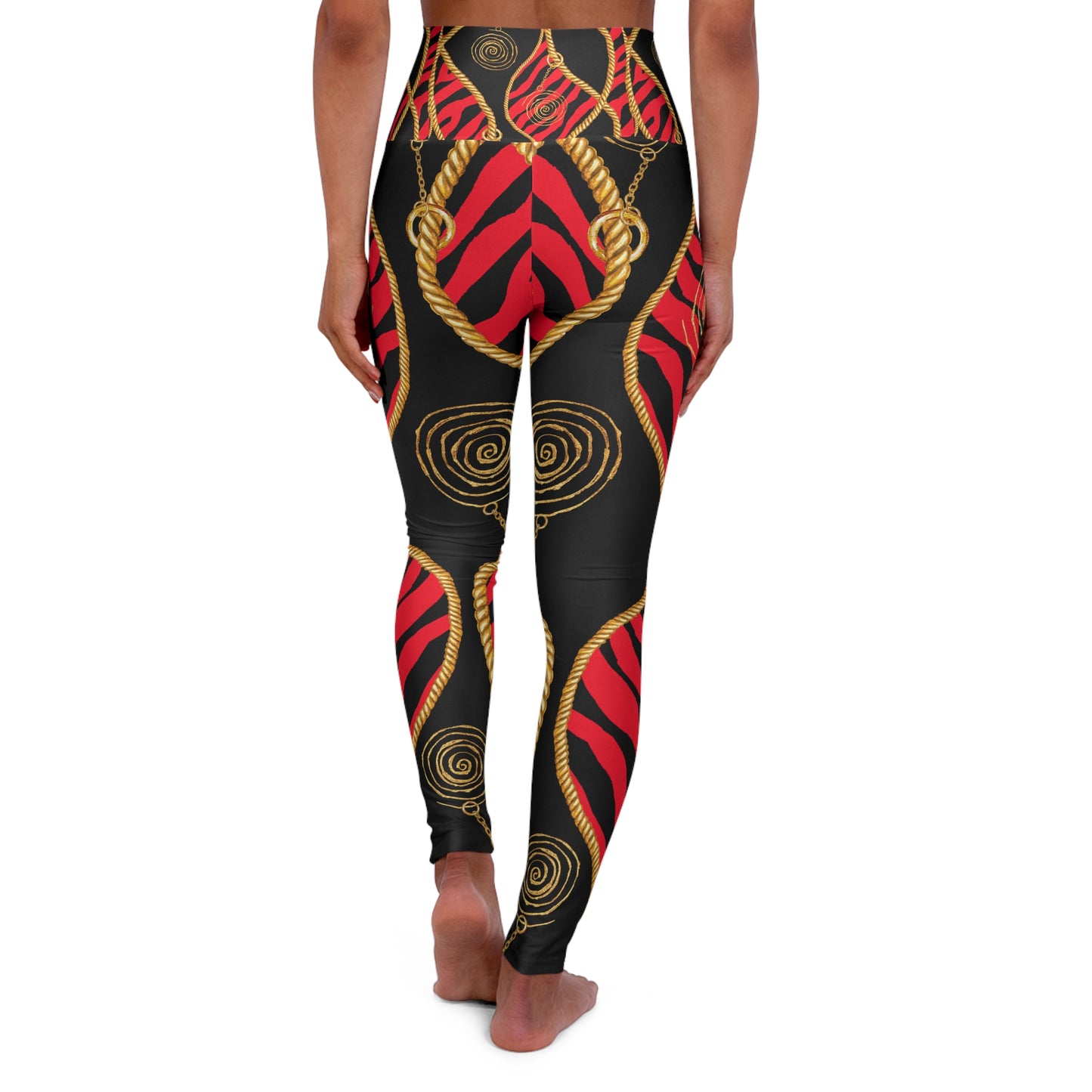 Bold High Waisted Yoga Leggings with Red and Gold Design - Perfect for Fitness and Fashion