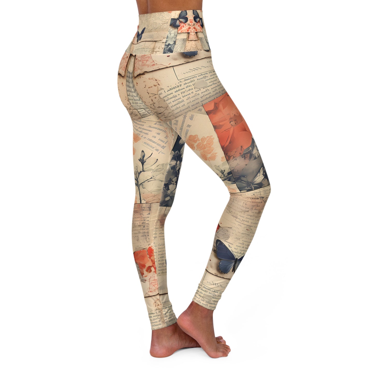 Floral High Waisted Yoga Leggings - Butterfly & Vintage Text Design for Active Lifestyle