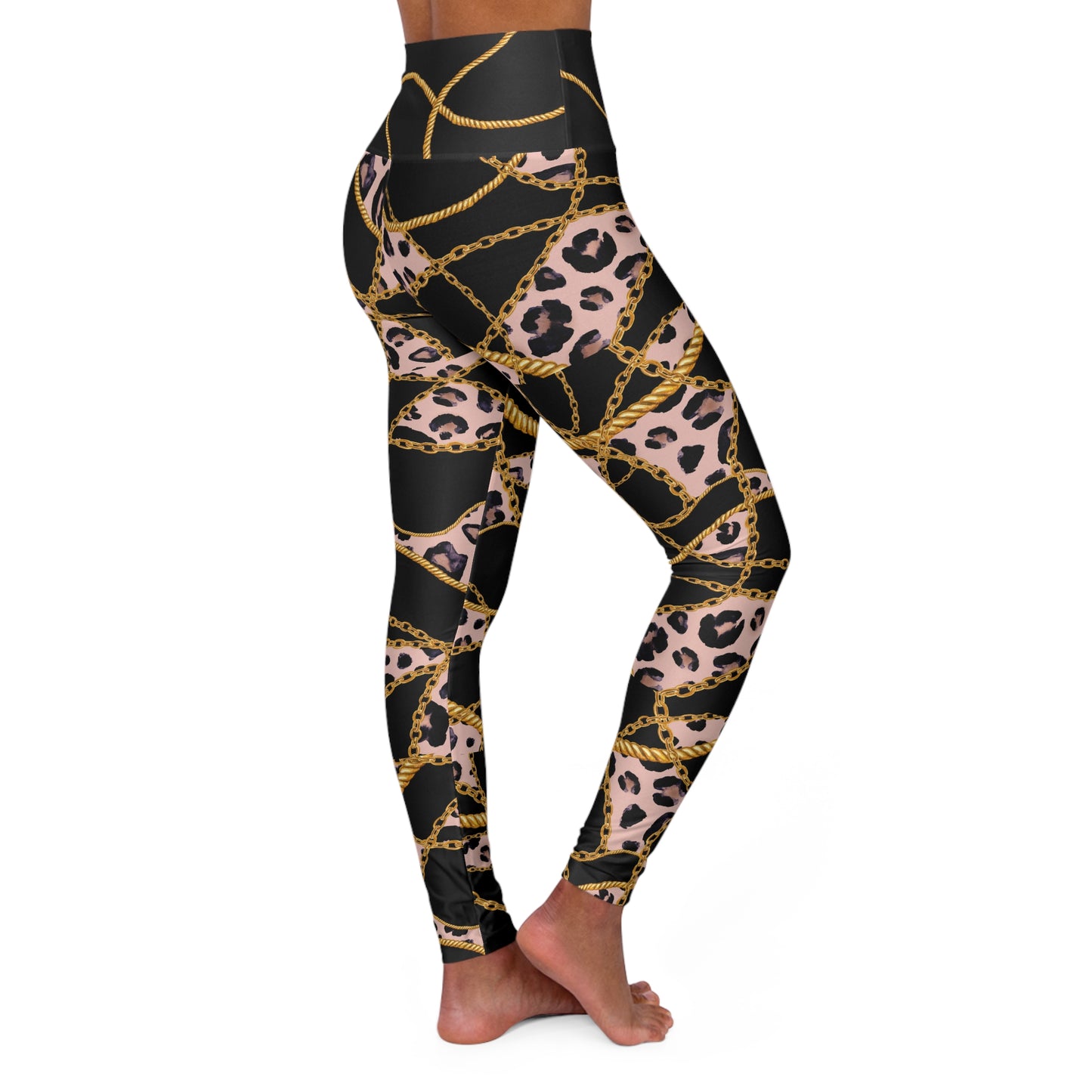 Chic High Waisted Yoga Leggings with Leopard Print and Gold Chains