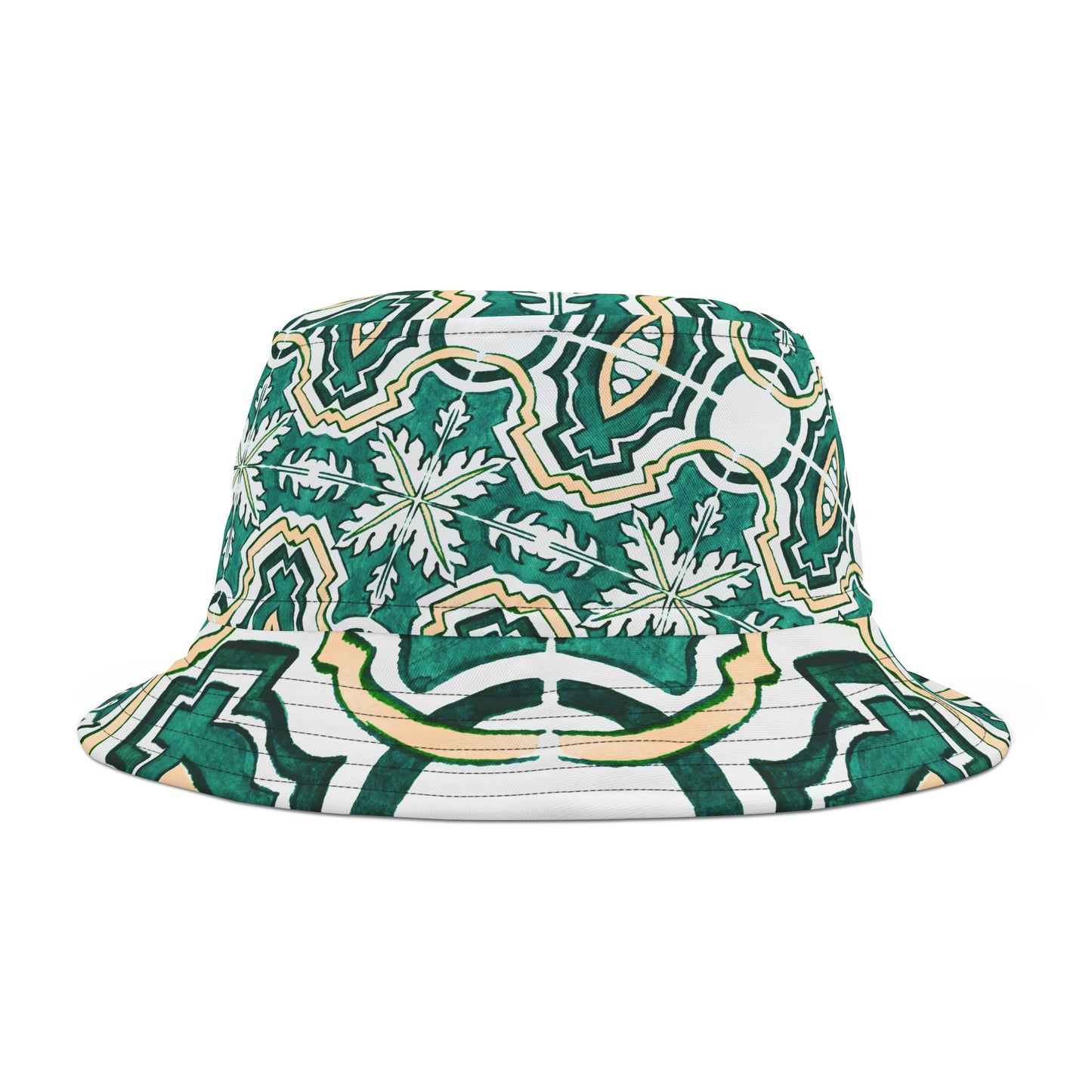 Vibrant Green Mandala Bucket Hat with Beige Accents