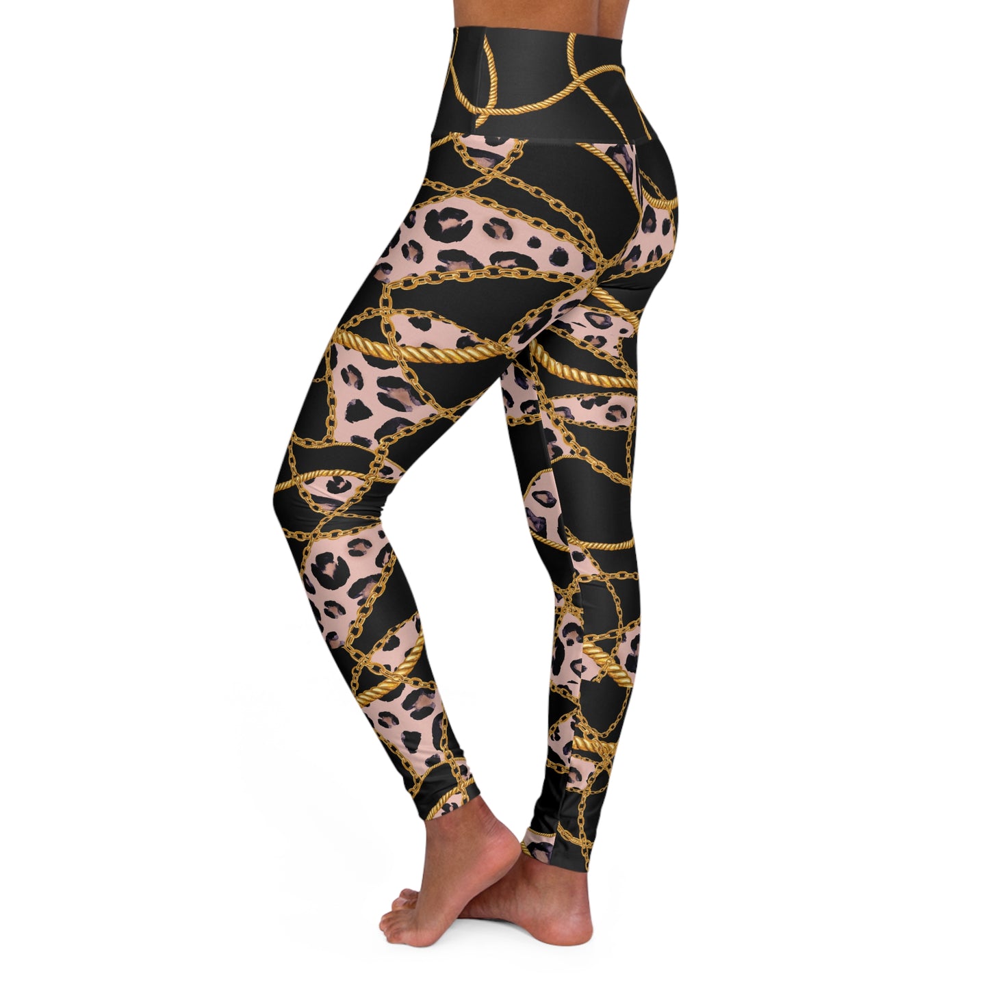 Chic High Waisted Yoga Leggings with Leopard Print and Gold Chains