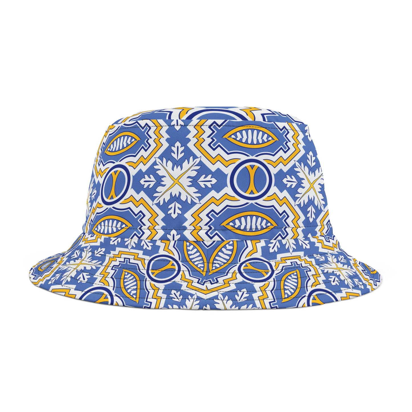 Blue Mandala Print Bucket Hat with Yellow Trim