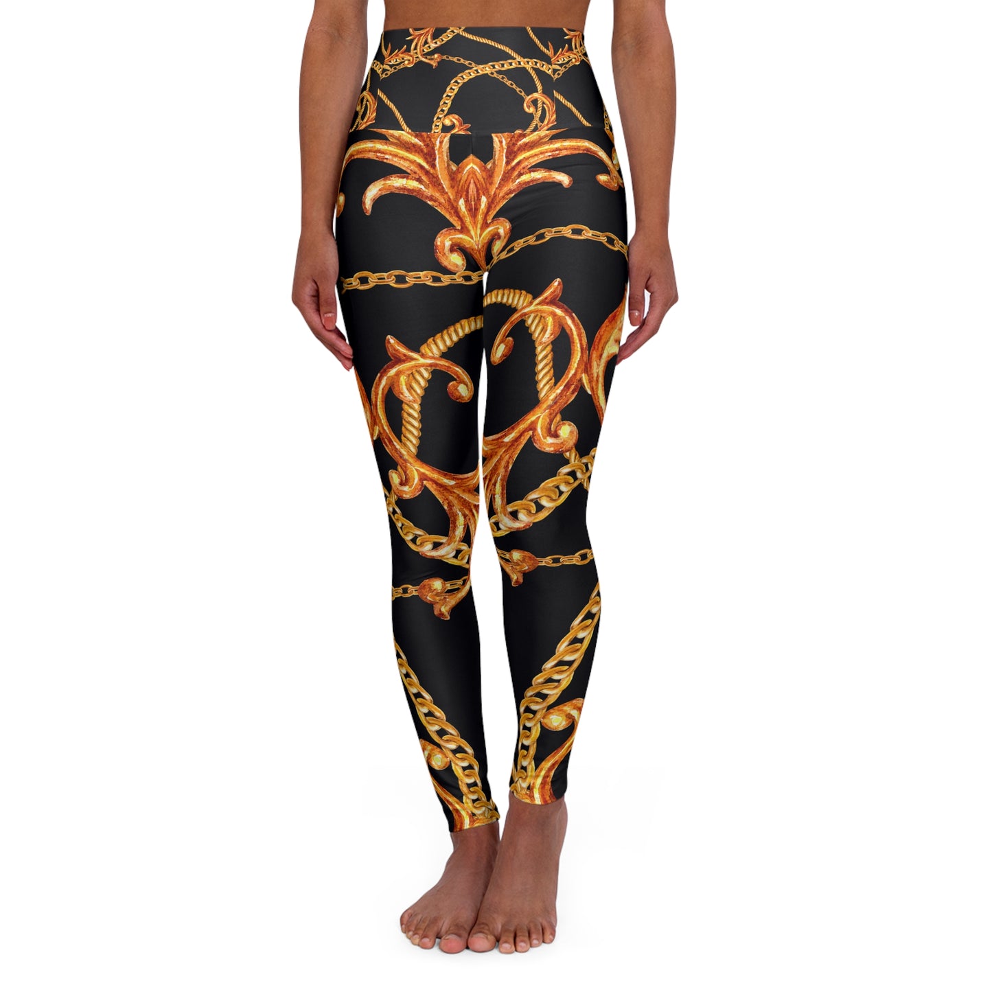 Stylish High Waisted Yoga Leggings with Gold Chain Design