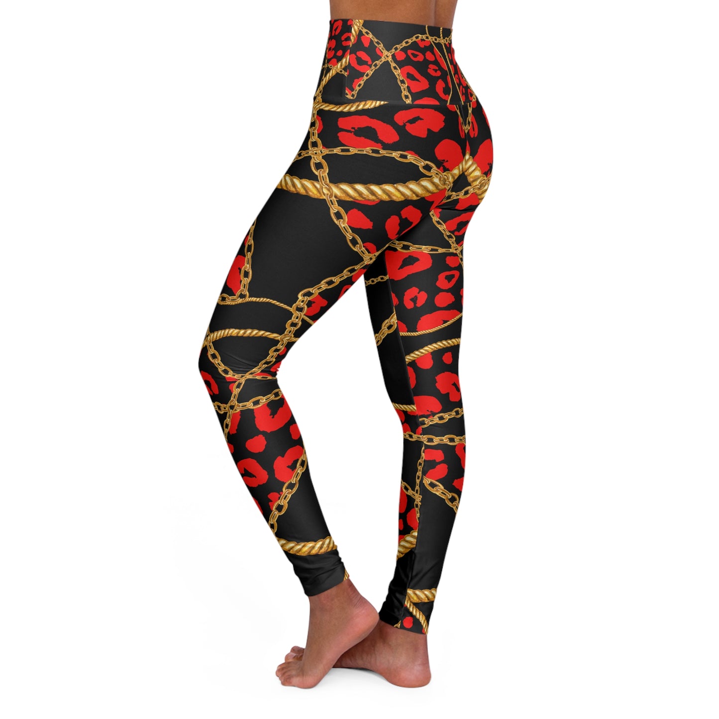 Chic Chains High Waisted Yoga Leggings - Stylish Fitness Activewear with Red Leopard Print