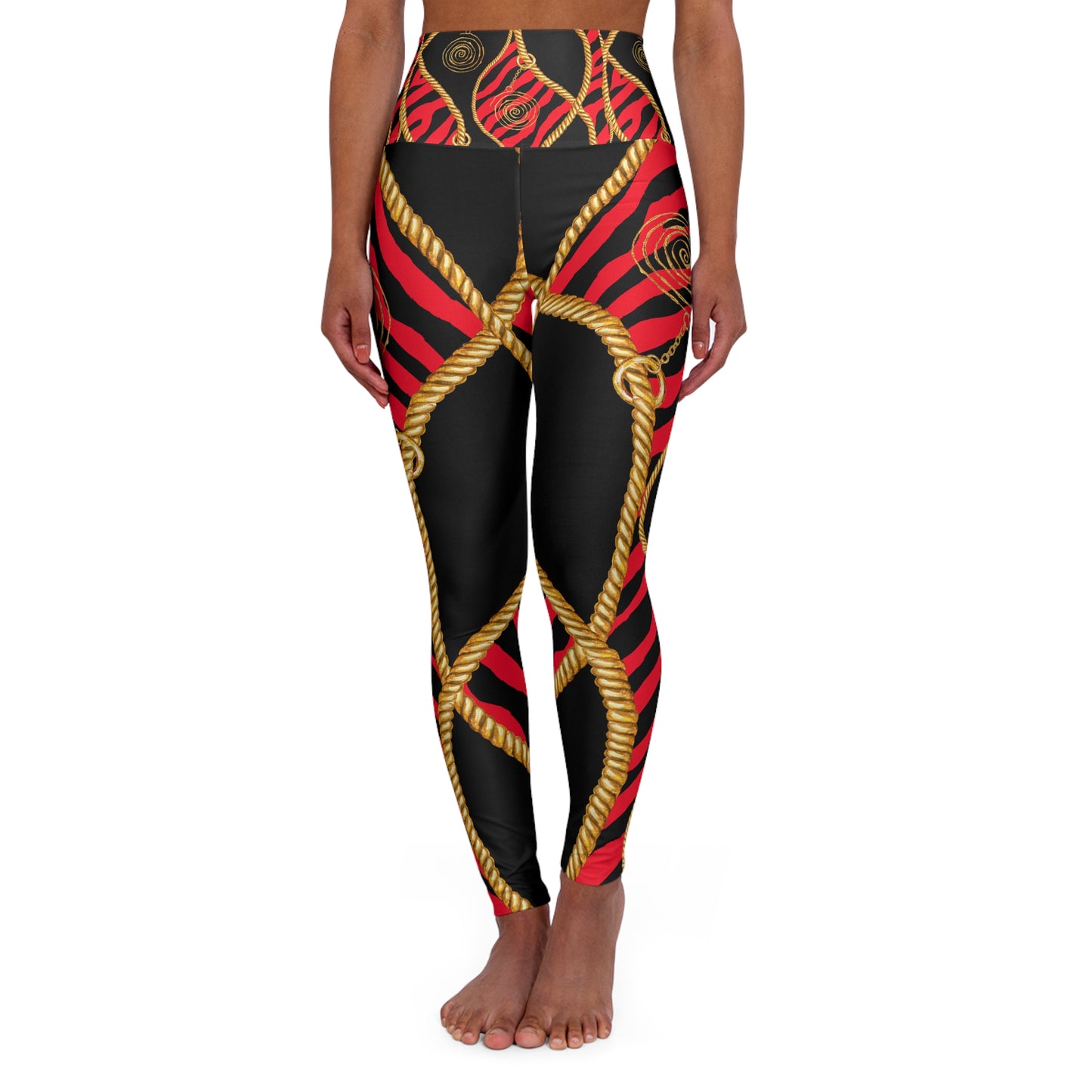 Bold High Waisted Yoga Leggings with Red and Gold Design - Perfect for Fitness and Fashion