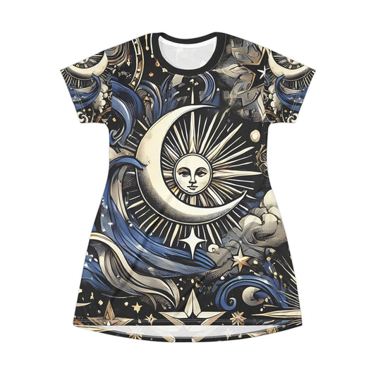 Celestial Sun and Moon T-Shirt Dress - Boho Style for Cosmic Lovers