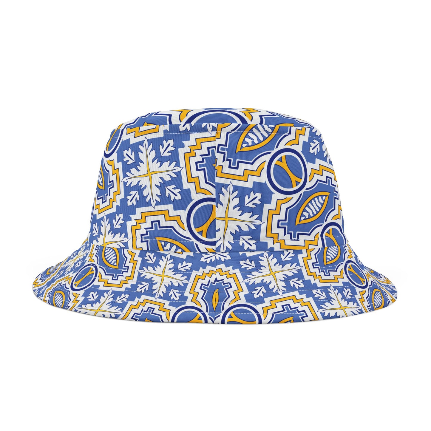 Blue Mandala Print Bucket Hat with Yellow Trim