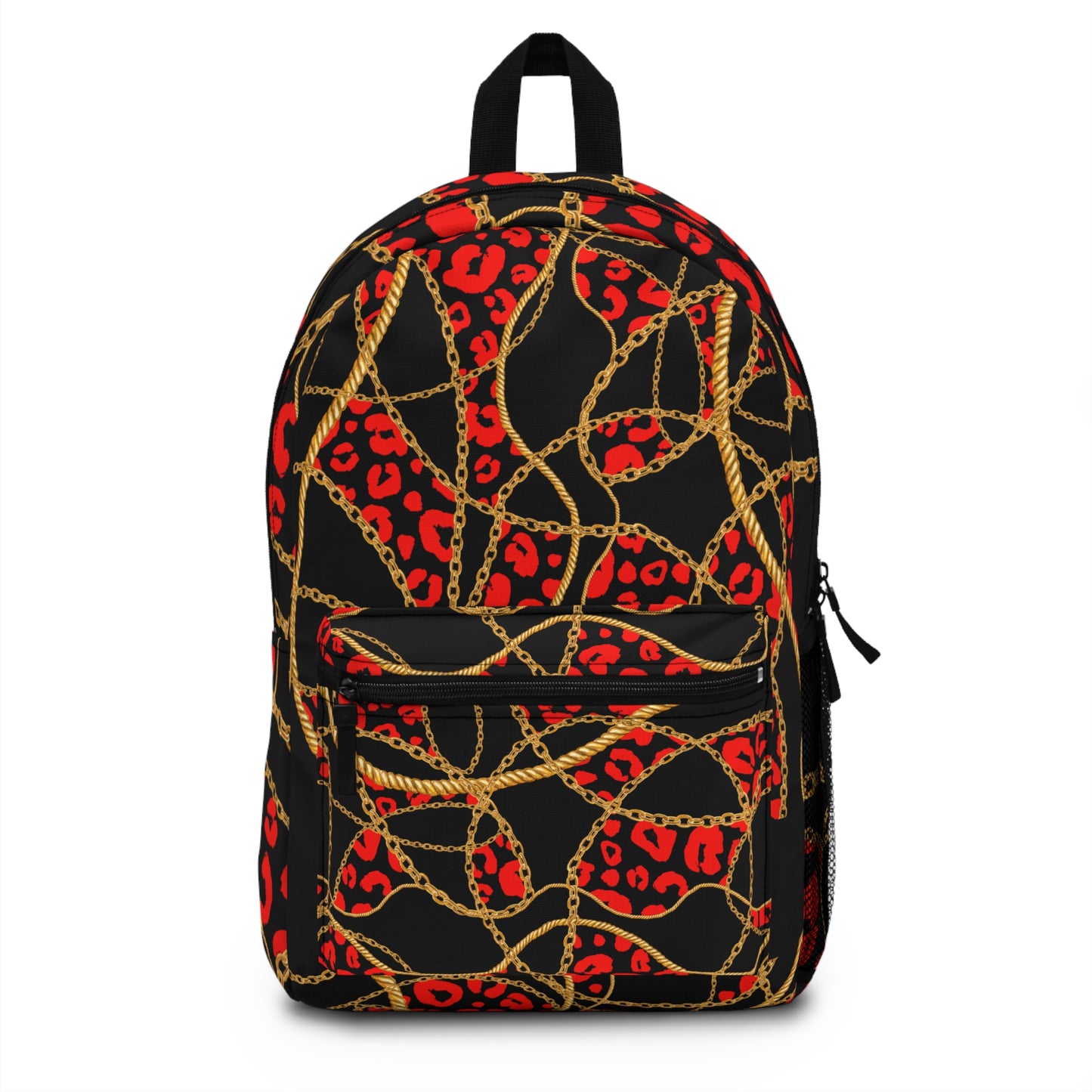 Backpack with golden ropes, leopard print, bold black, and red accents.