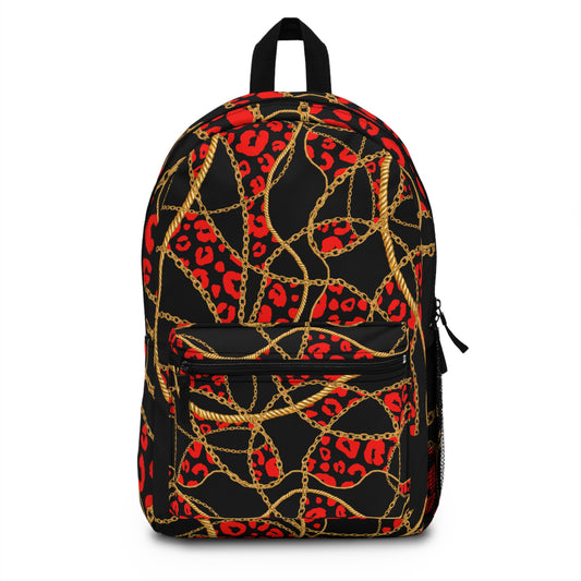 Backpack with golden ropes, leopard print, bold black, and red accents.