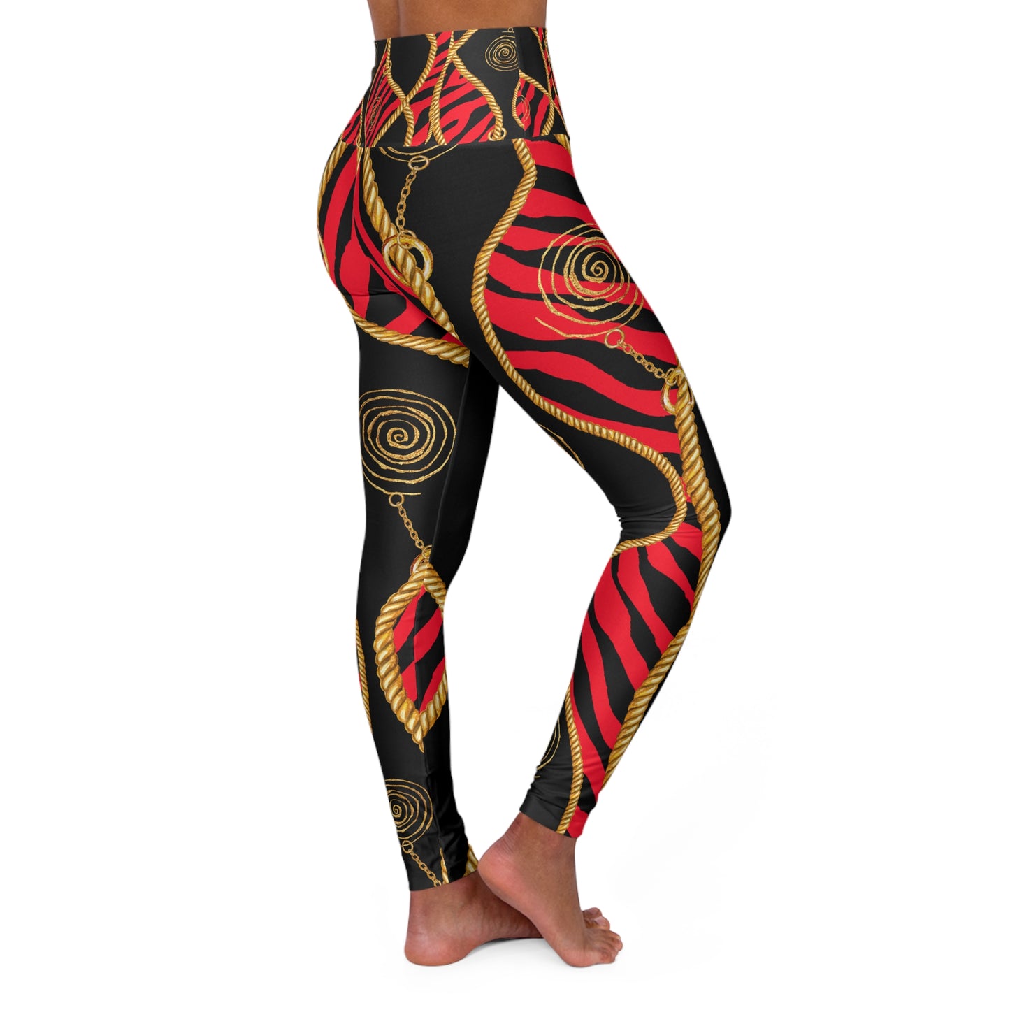 Bold High Waisted Yoga Leggings with Red and Gold Design - Perfect for Fitness and Fashion