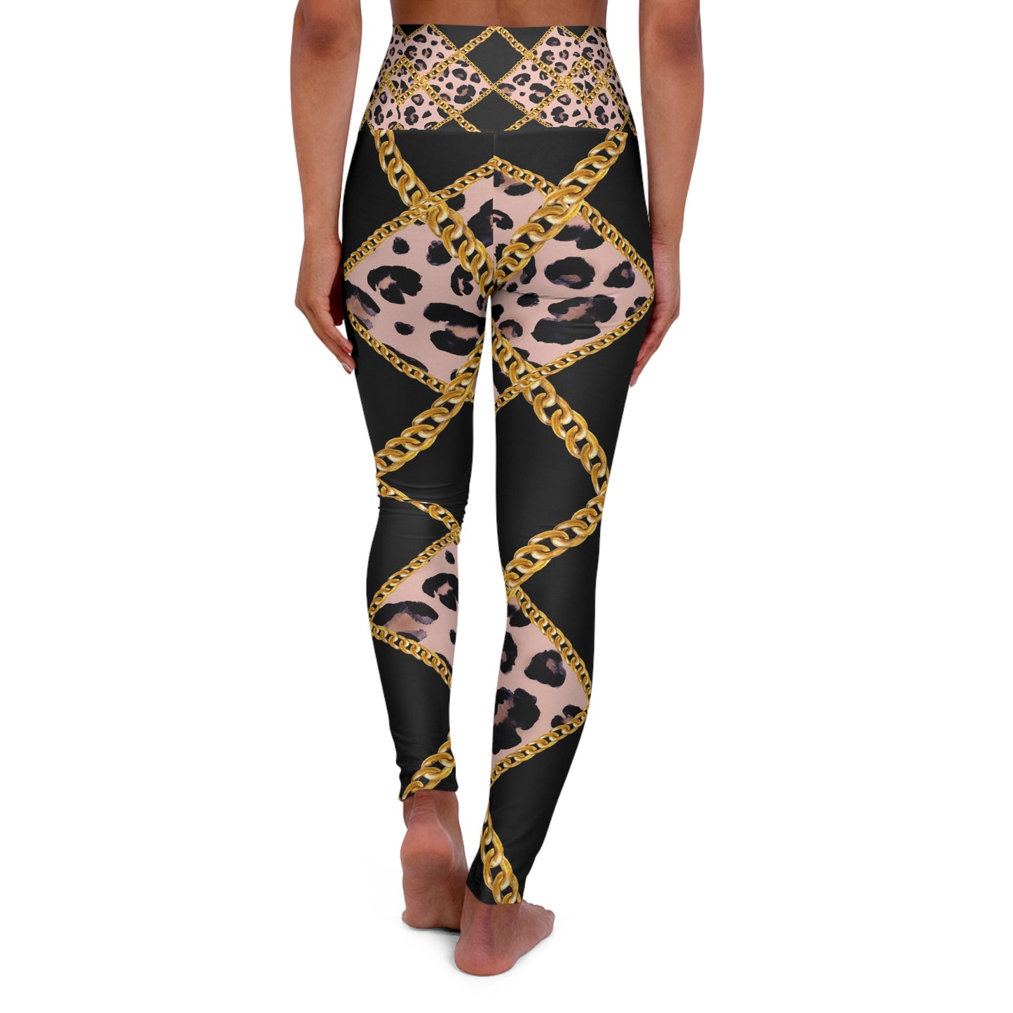 Chic High Waisted Yoga Leggings with Leopard & Gold Chain Design