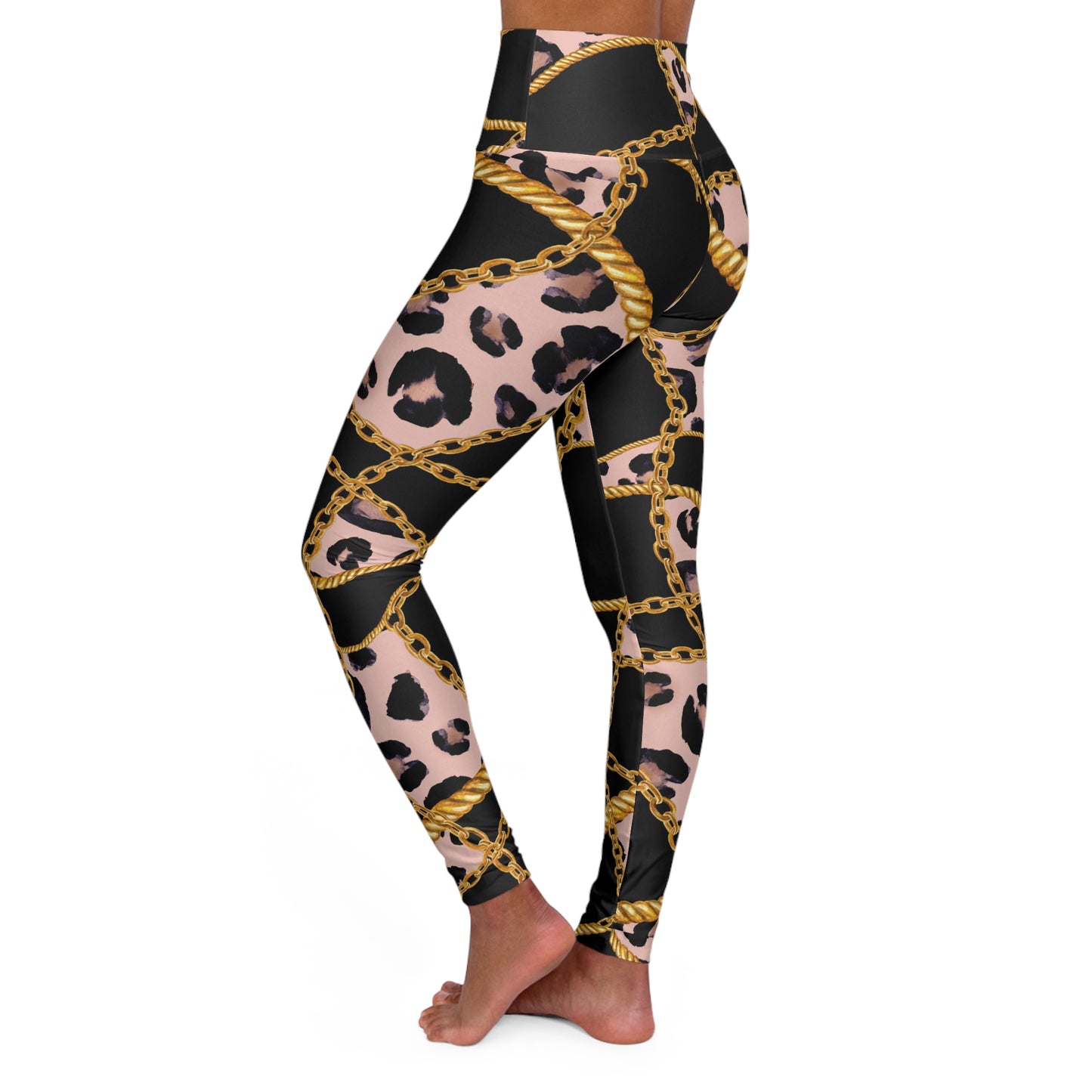 Chic High Waisted Yoga Leggings - Leopard Print & Gold Chains