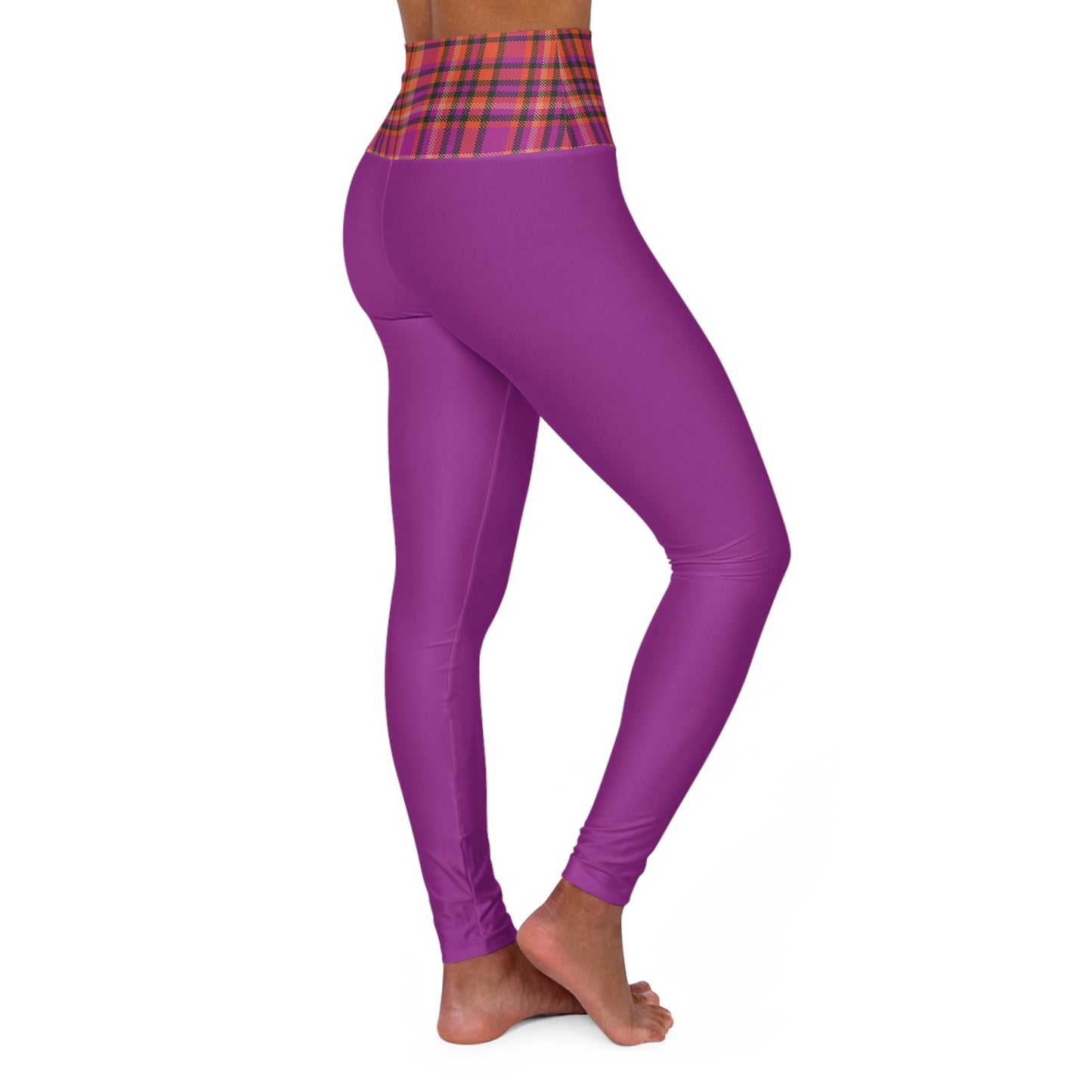 Stylish High Waisted Yoga Leggings - Purple with Plaid Accent