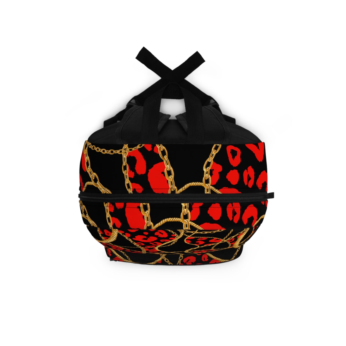 Backpack with golden ropes, leopard print, bold black, and red accents.