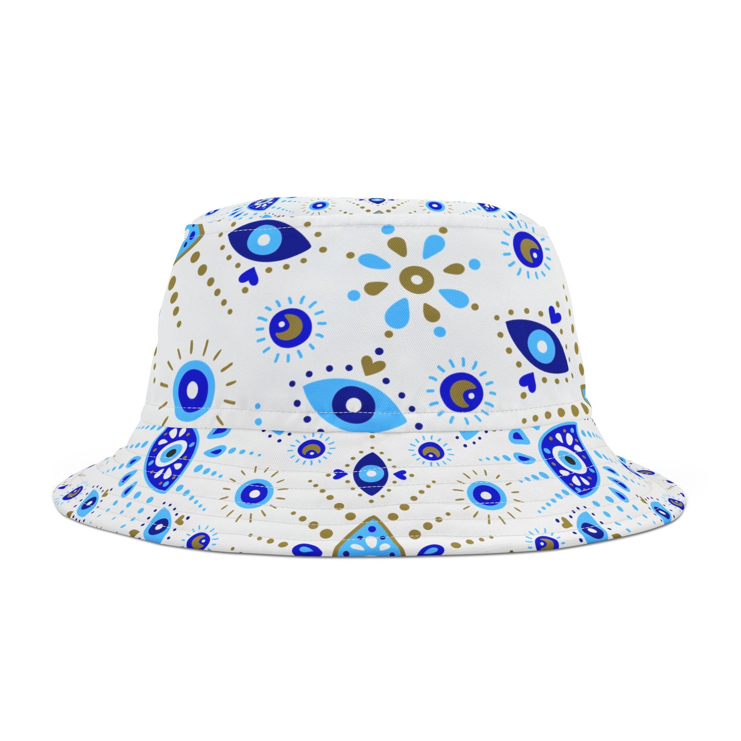 A stylish bucket hat featuring the Evil Eye symbol for spiritual protection and fashion statement.