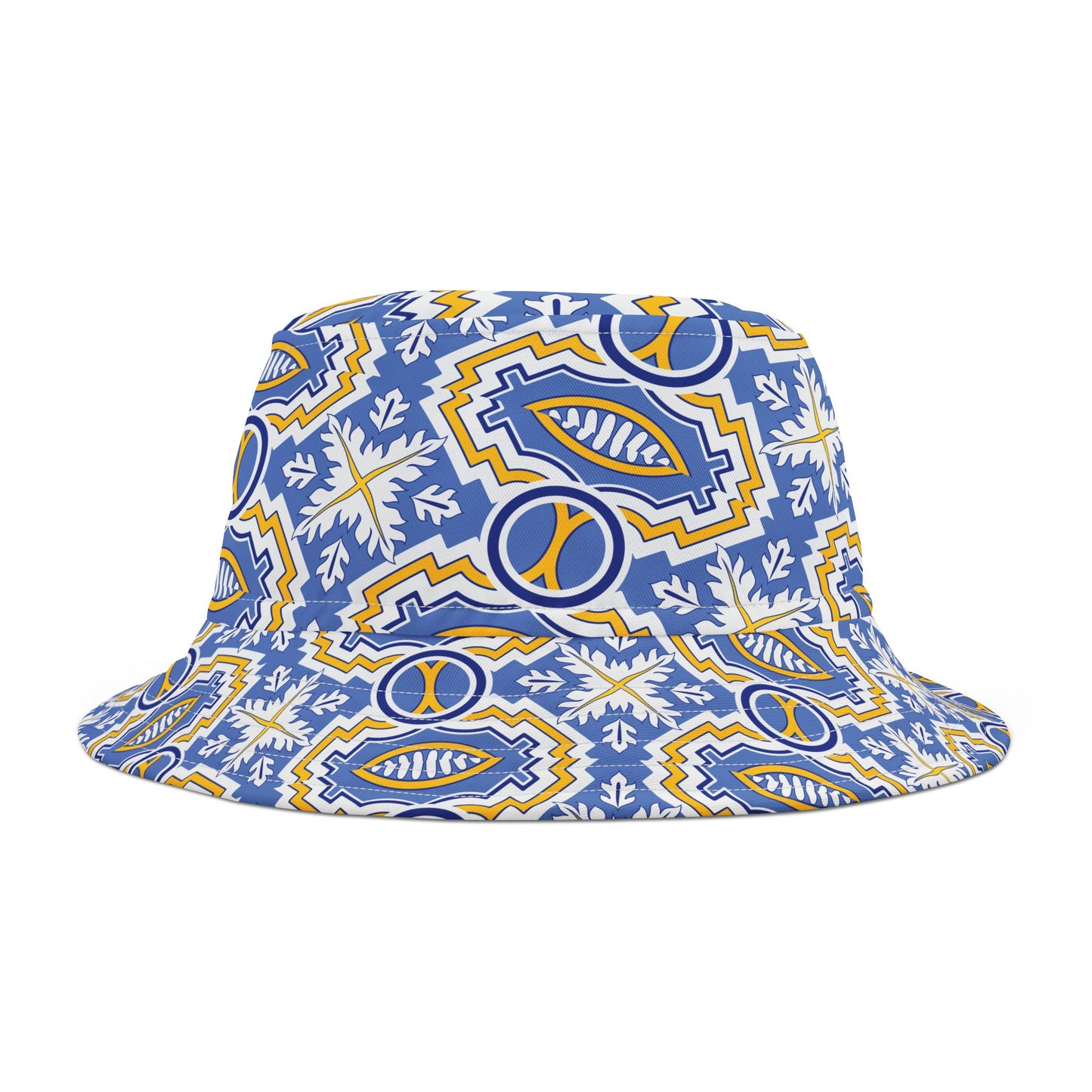 Blue Mandala Print Bucket Hat with Yellow Trim